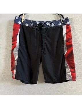 Metal Mulisha Black Board Shorts with Red and Blue Star Waistband Size 38